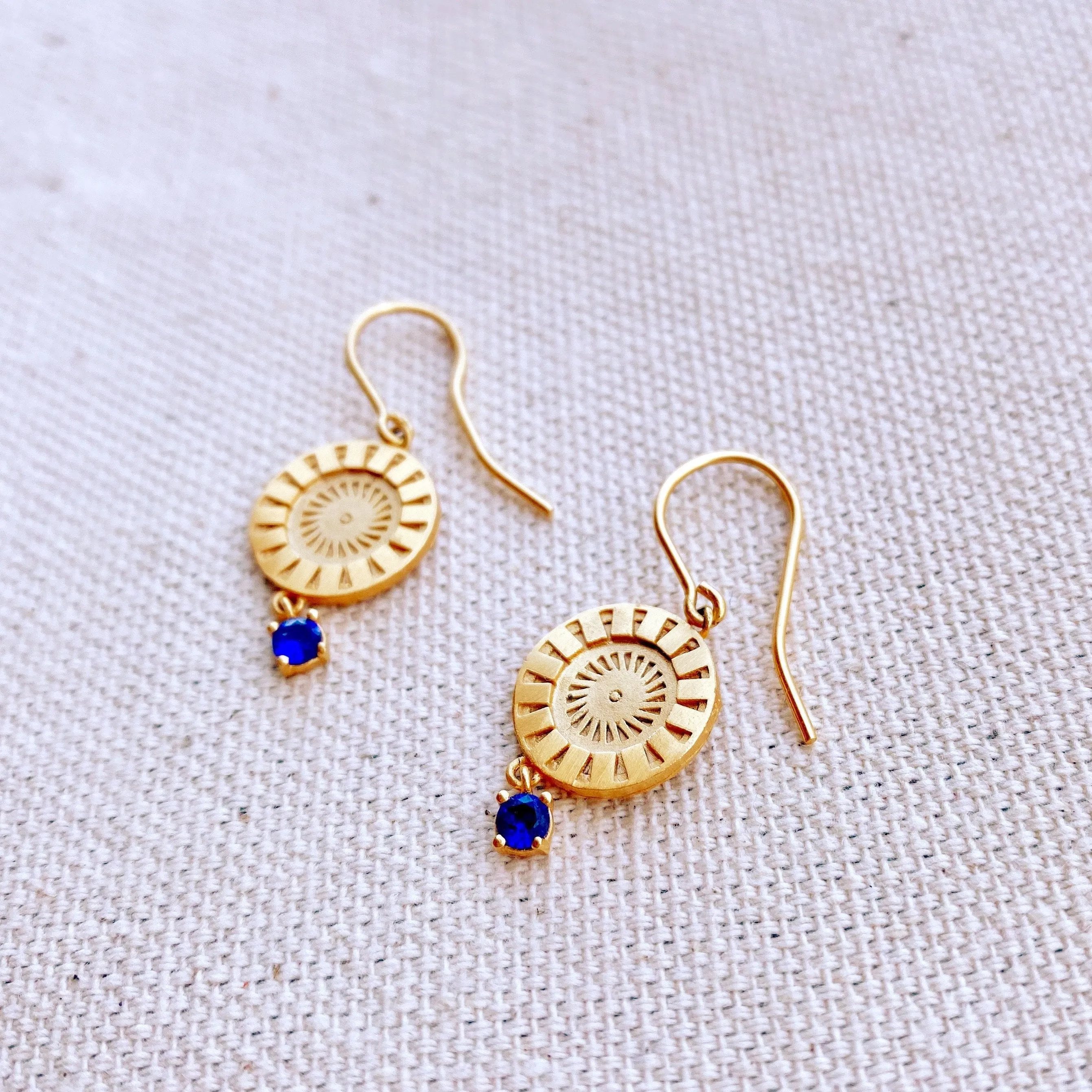18k Gold Filled Coin Charm Sapphire Earrings