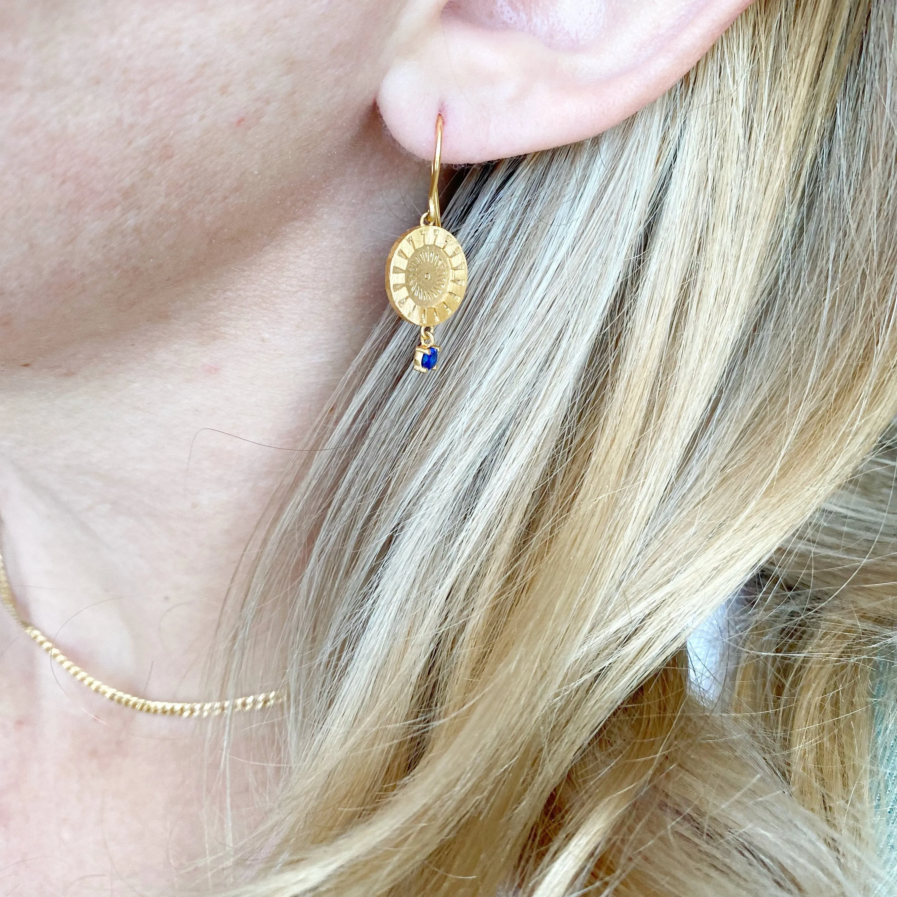 18k Gold Filled Coin Charm Sapphire Earrings