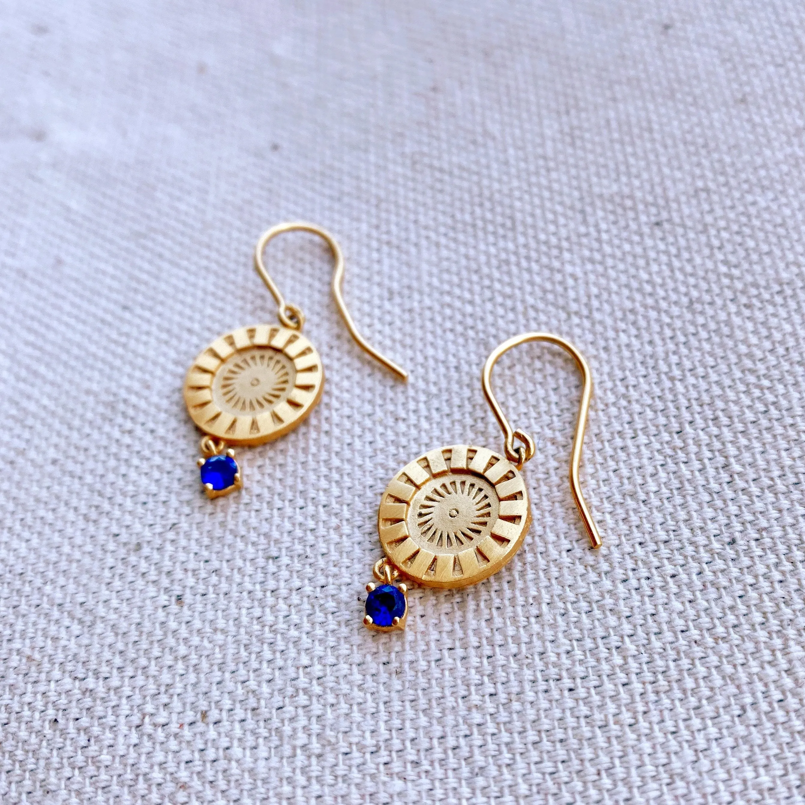 18k Gold Filled Coin Charm Sapphire Earrings