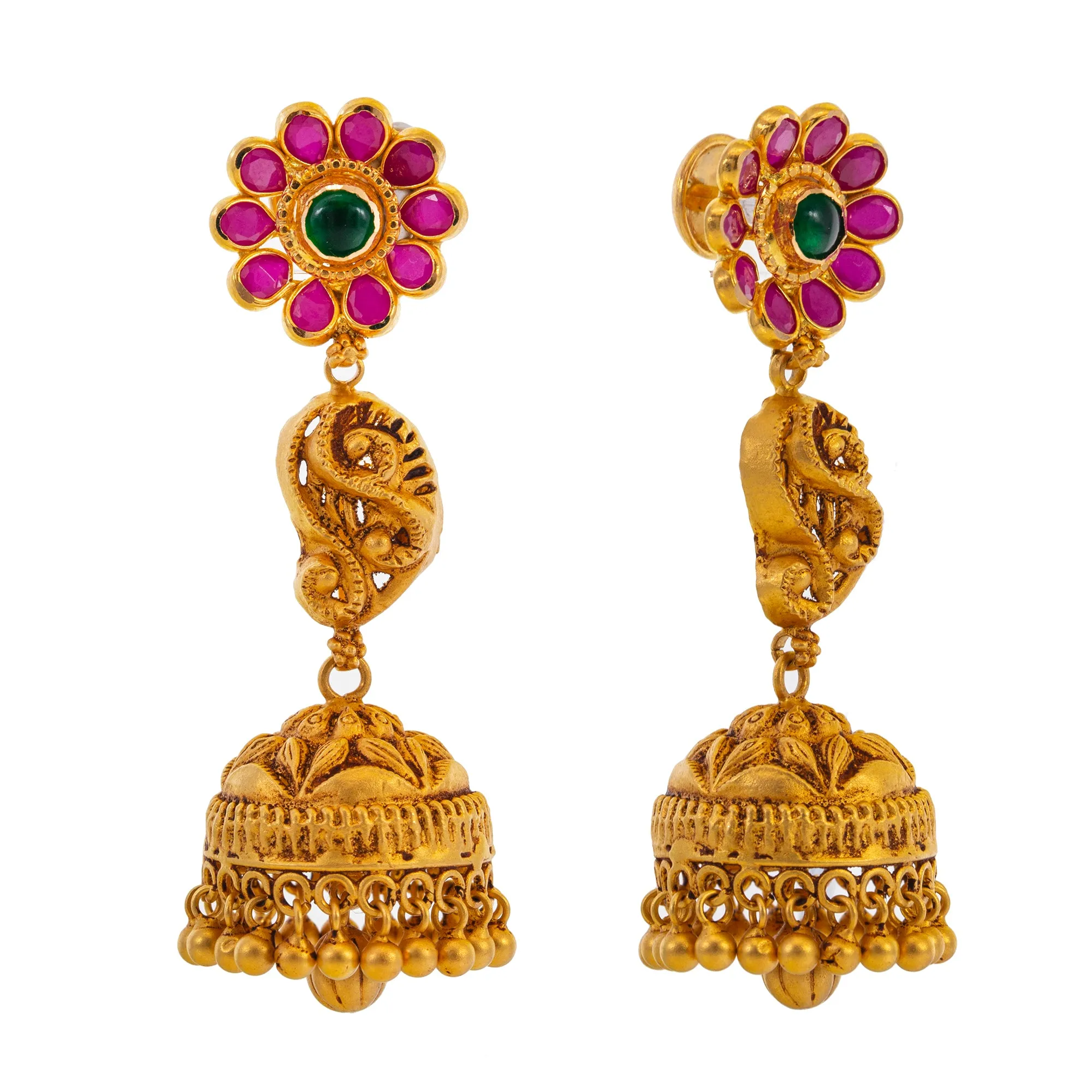 22K Yellow Gold, Emerald & Ruby Temple Jewelry Set (109.2gm)