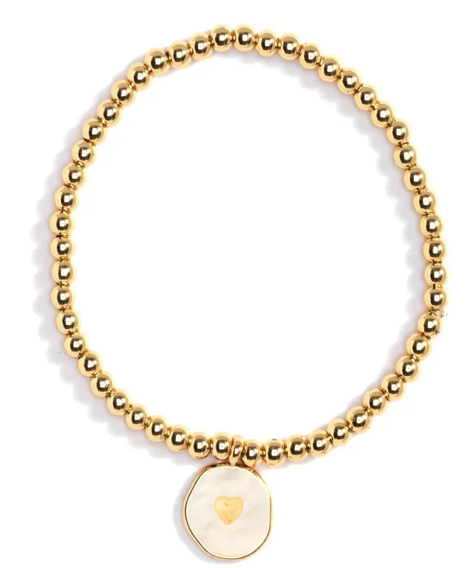 Beaded Bracelet with Heart Charm - Gold