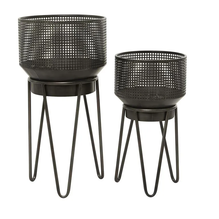 BLACK METAL INDOOR OUTDOOR PLANTER WITH REMOVABLE STAND