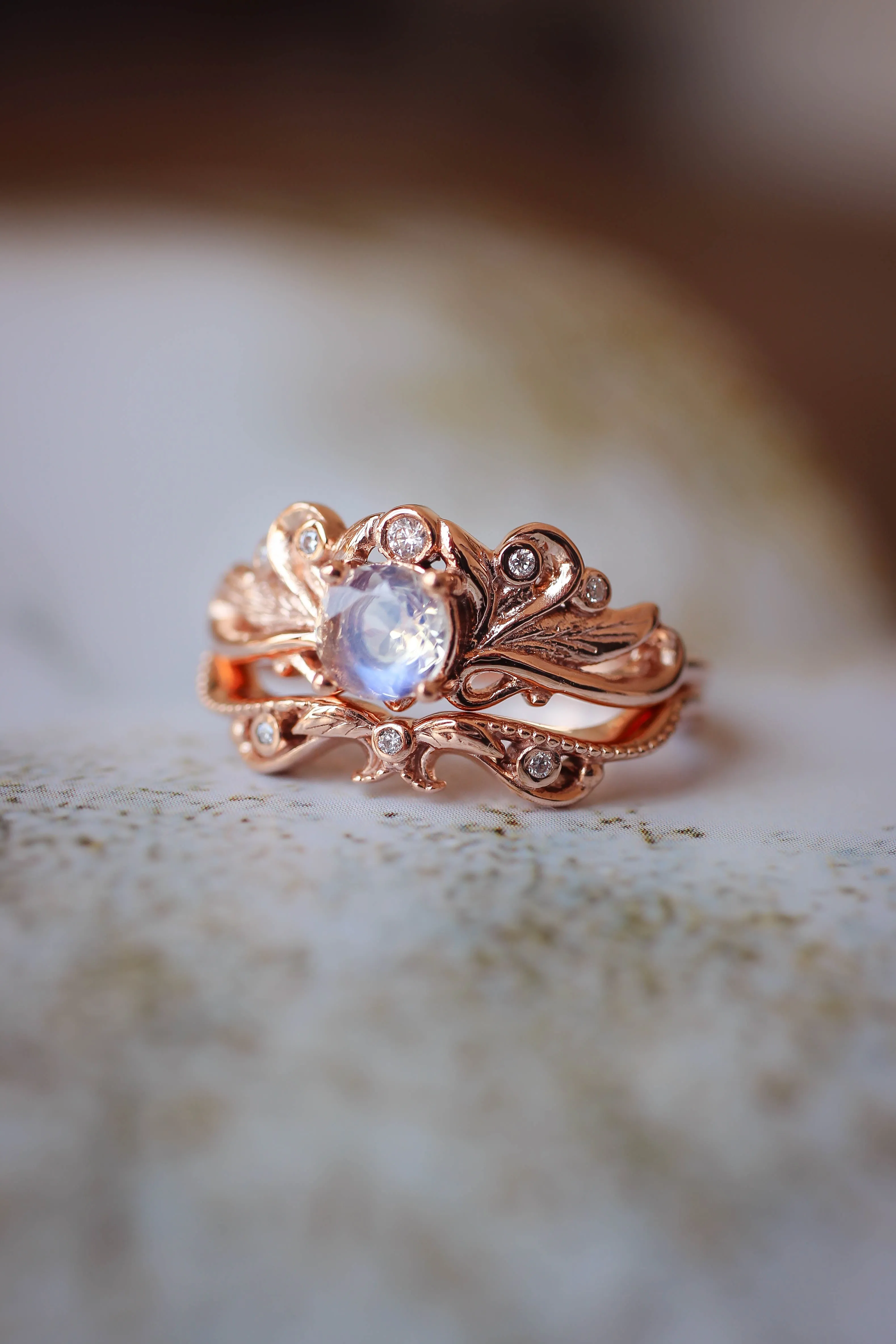 Blue moonstone vintage style bridal ring set / Damariss