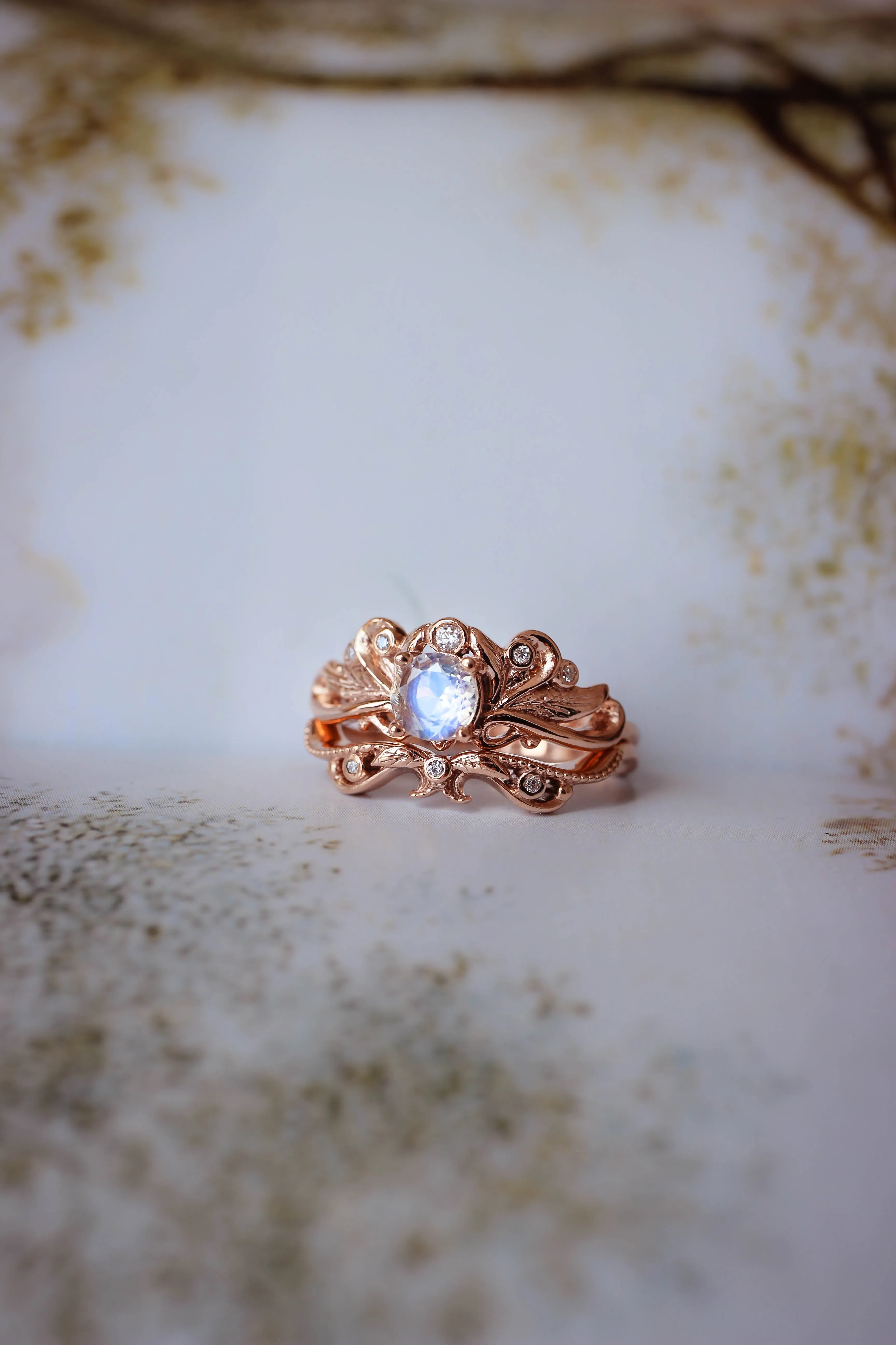 Blue moonstone vintage style bridal ring set / Damariss