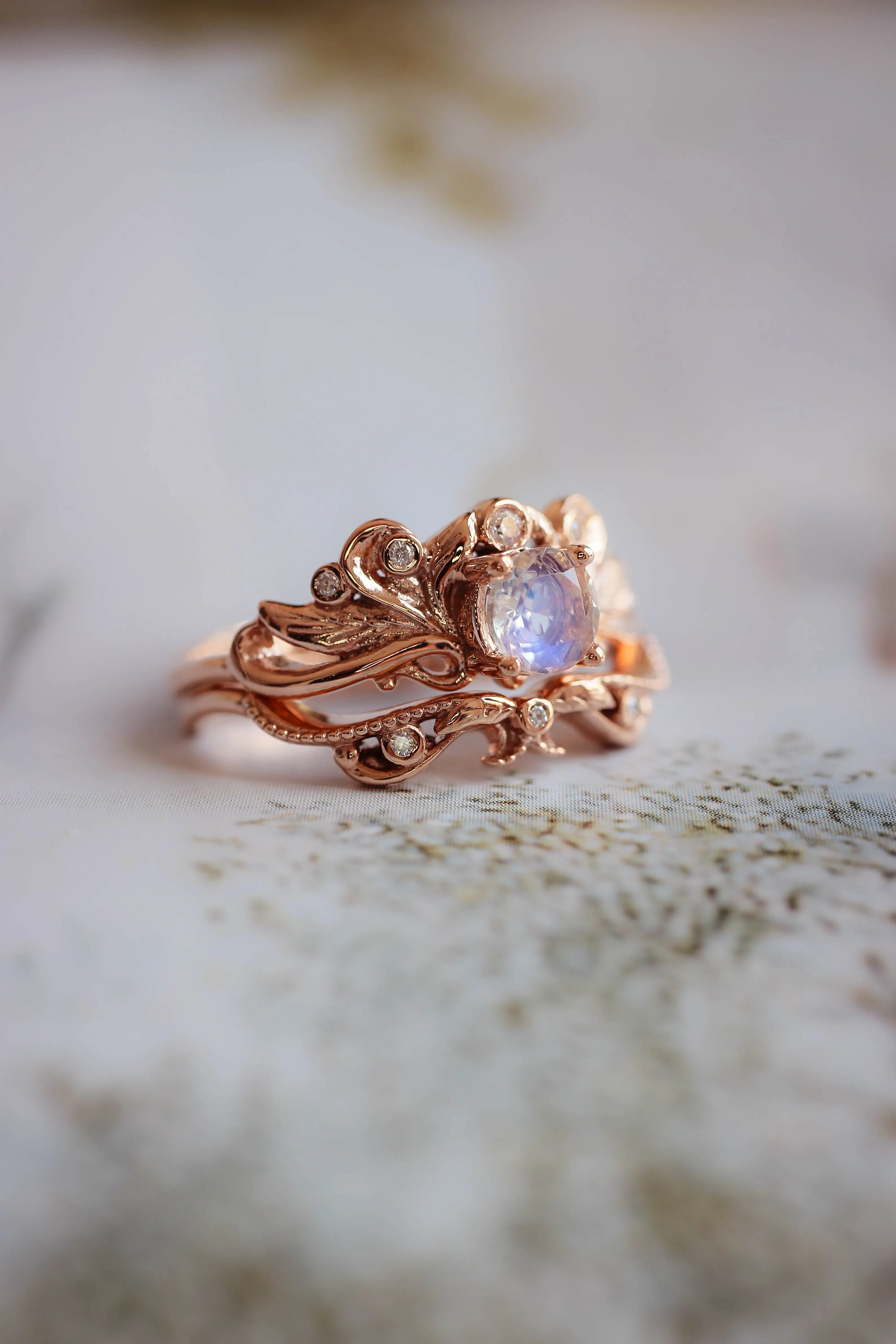 Blue moonstone vintage style bridal ring set / Damariss