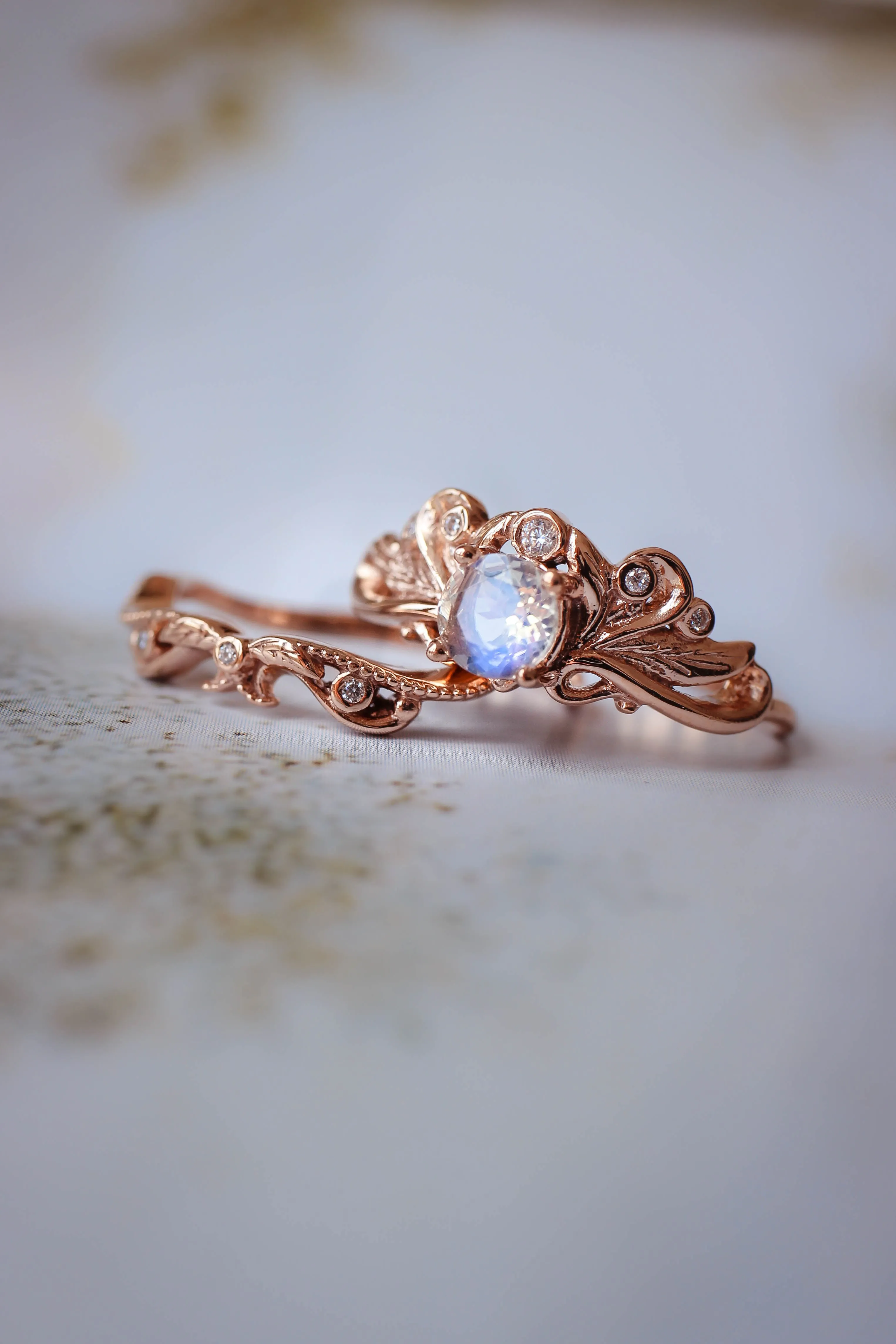 Blue moonstone vintage style bridal ring set / Damariss