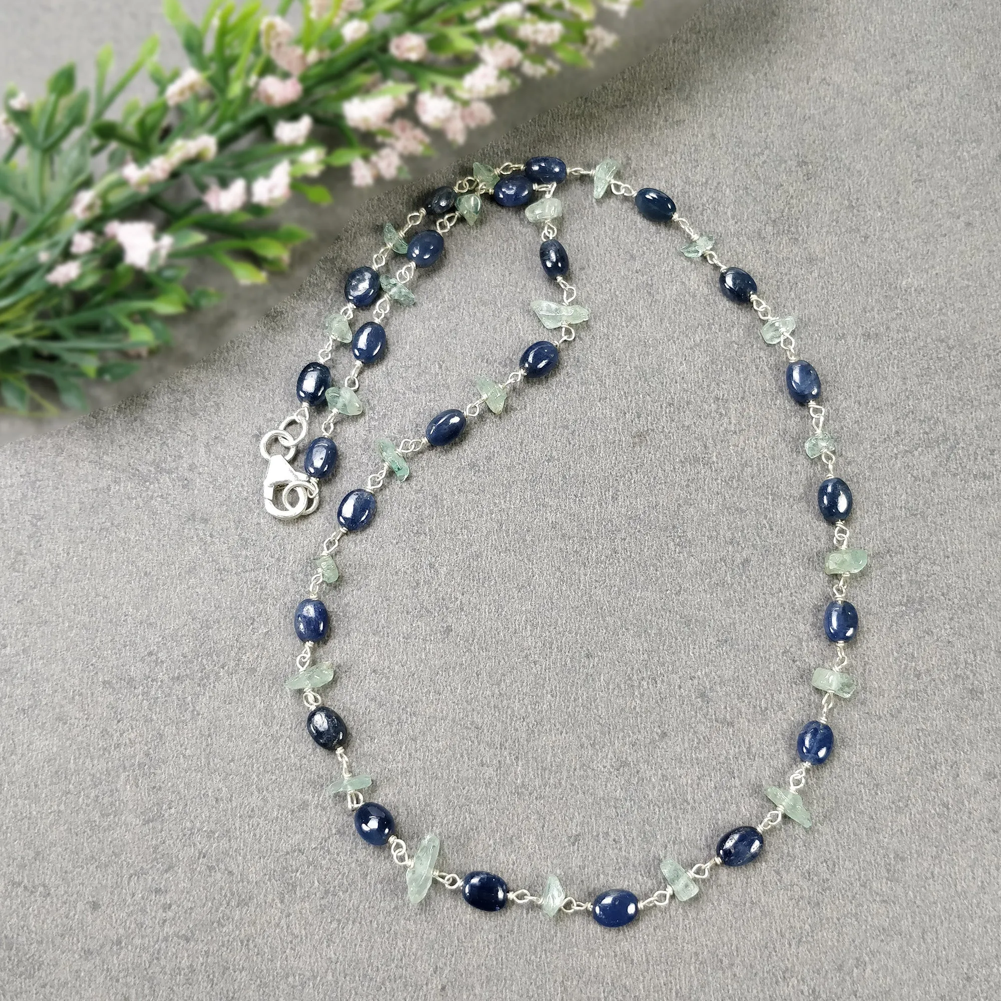BLUE SAPPHIRE EMERALD Gemstones Raw Uncut Beads : Natural Emerald Blue Sapphire Sterling Silver Chain Necklace 17" Gift For Her