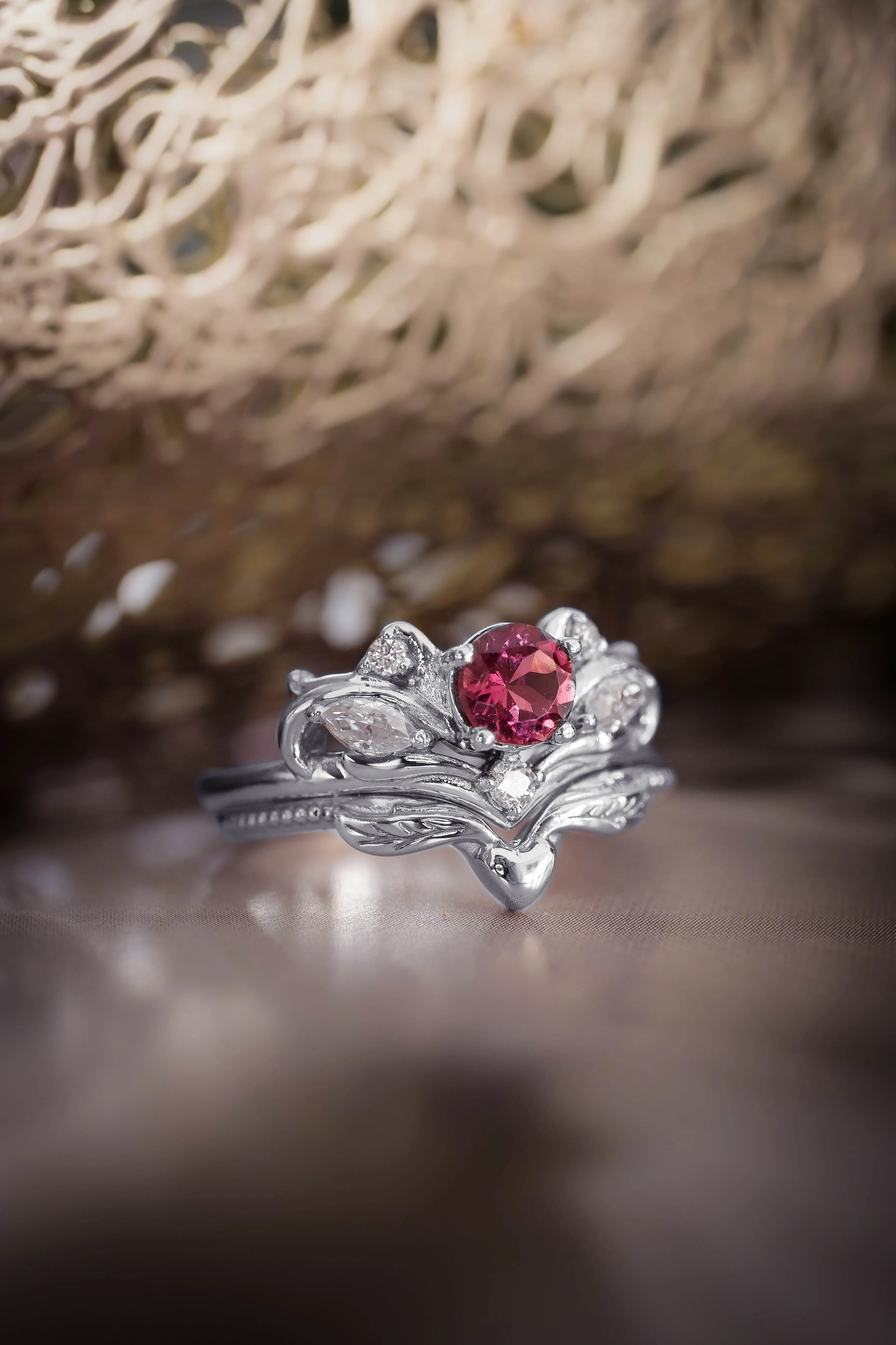 Bridal ring set with pink tourmaline / Swanlake
