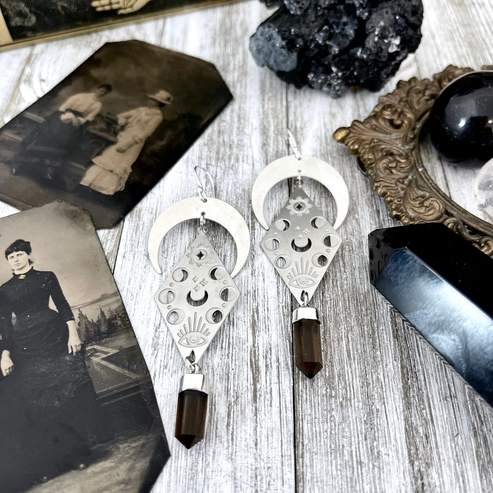 Crescent Moon Phases and Smoky Quartz Earrings in Sterling Silver & Stainless Steel Earrings / Moon Earrings  - Long Dangly Earrings