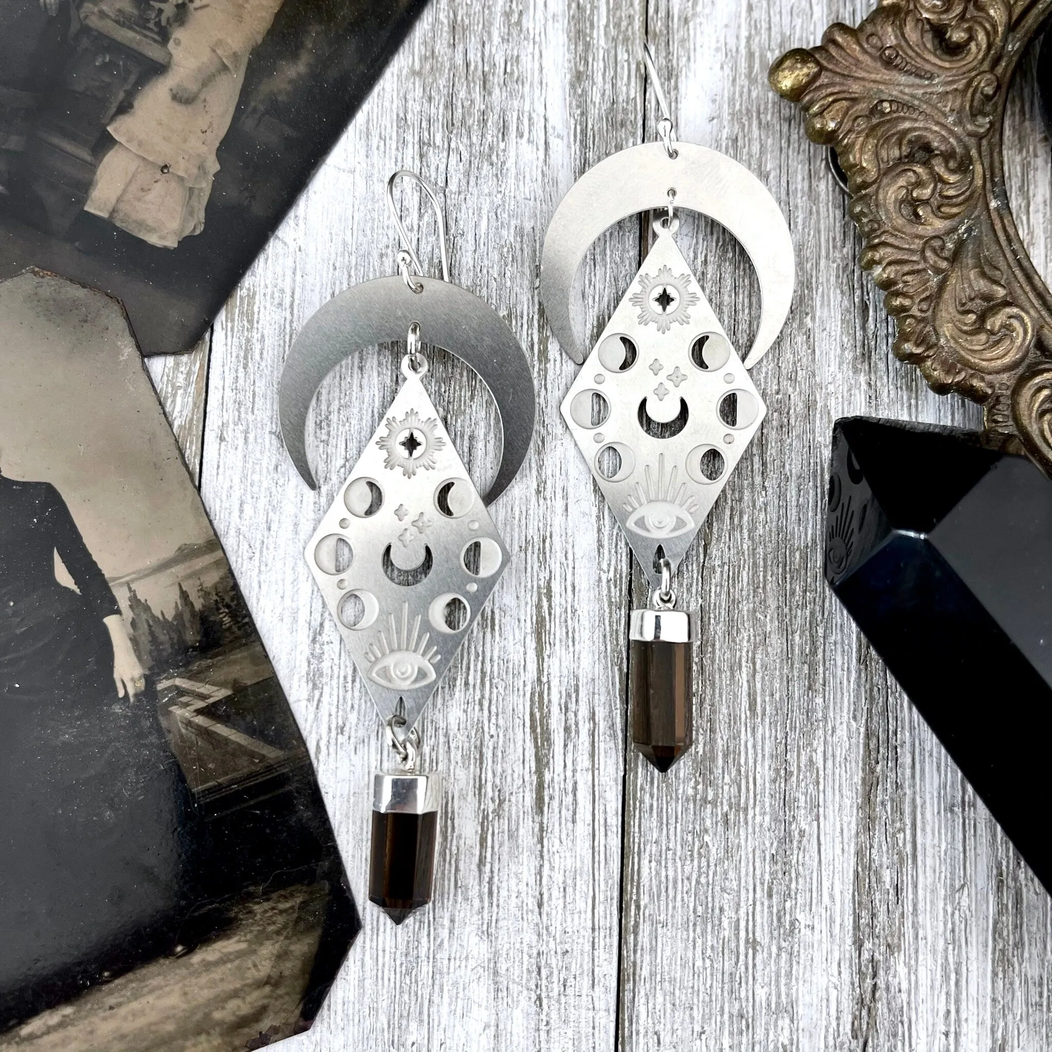 Crescent Moon Phases and Smoky Quartz Earrings in Sterling Silver & Stainless Steel Earrings / Moon Earrings  - Long Dangly Earrings