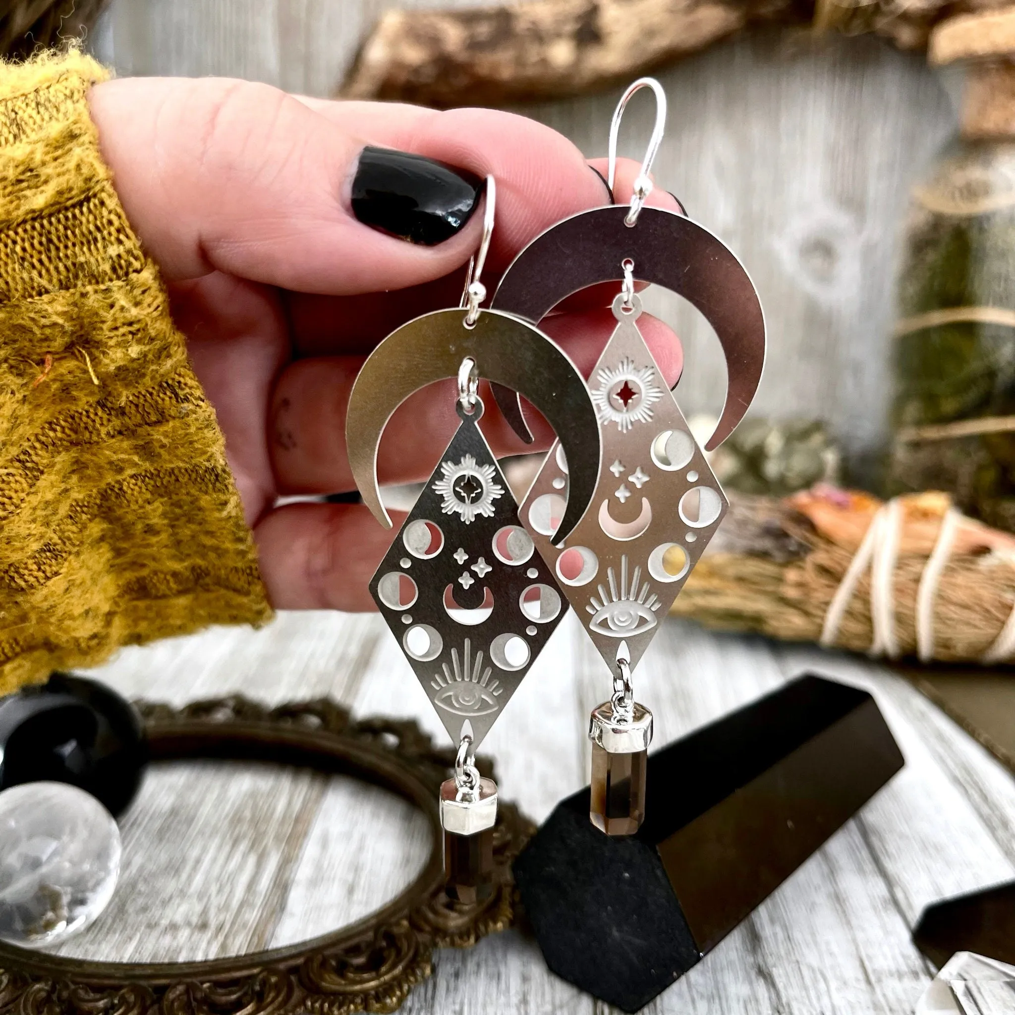 Crescent Moon Phases and Smoky Quartz Earrings in Sterling Silver & Stainless Steel Earrings / Moon Earrings  - Long Dangly Earrings