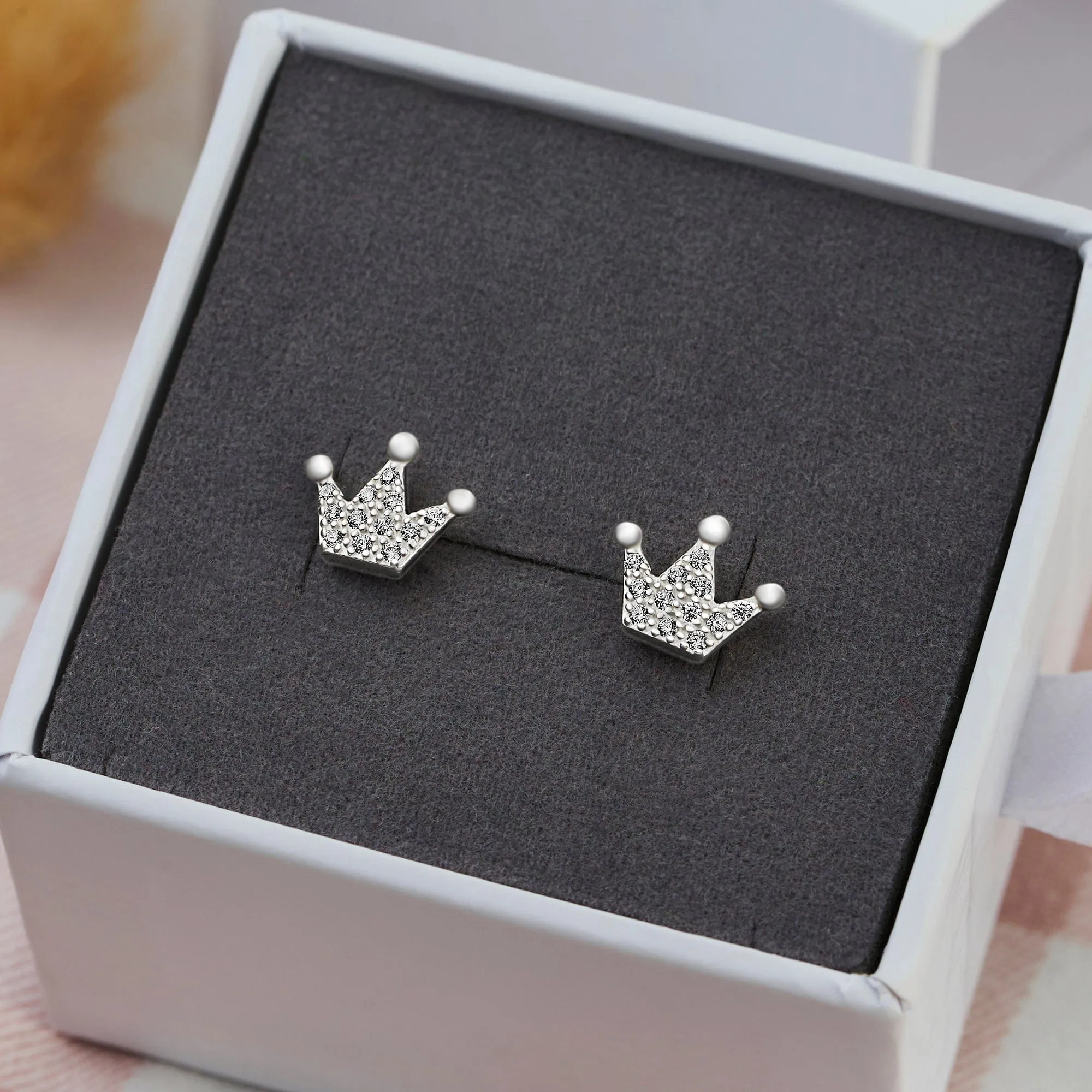Cubic Zirconia Crown Earrings Studs Sterling Silver