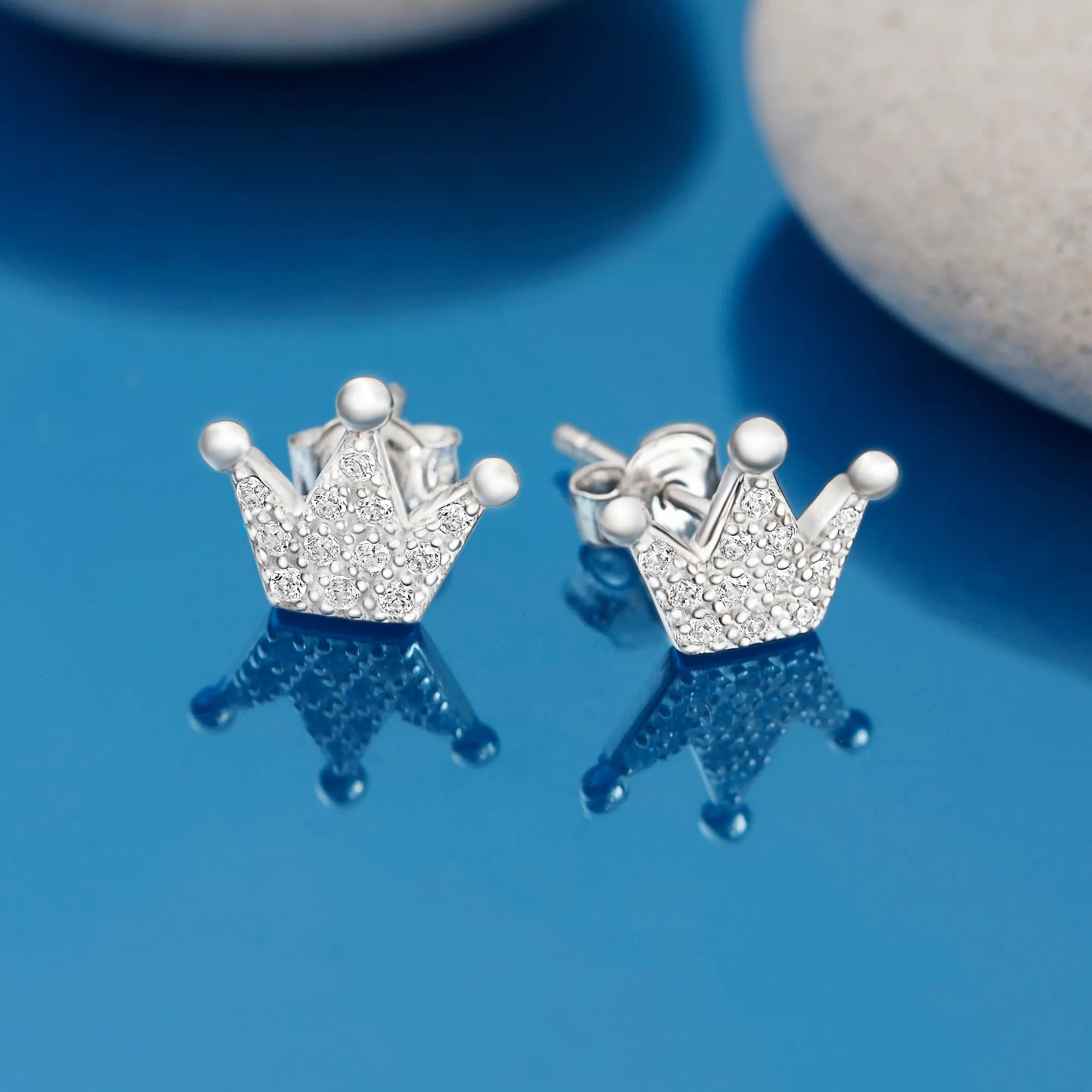 Cubic Zirconia Crown Earrings Studs Sterling Silver