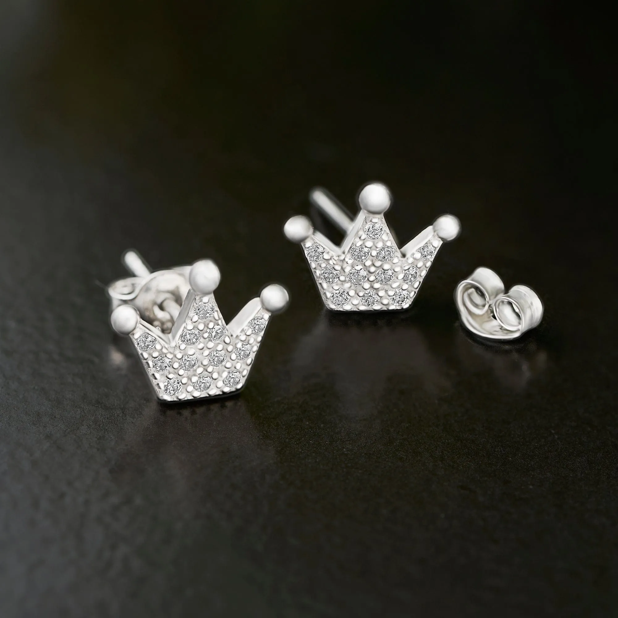 Cubic Zirconia Crown Earrings Studs Sterling Silver