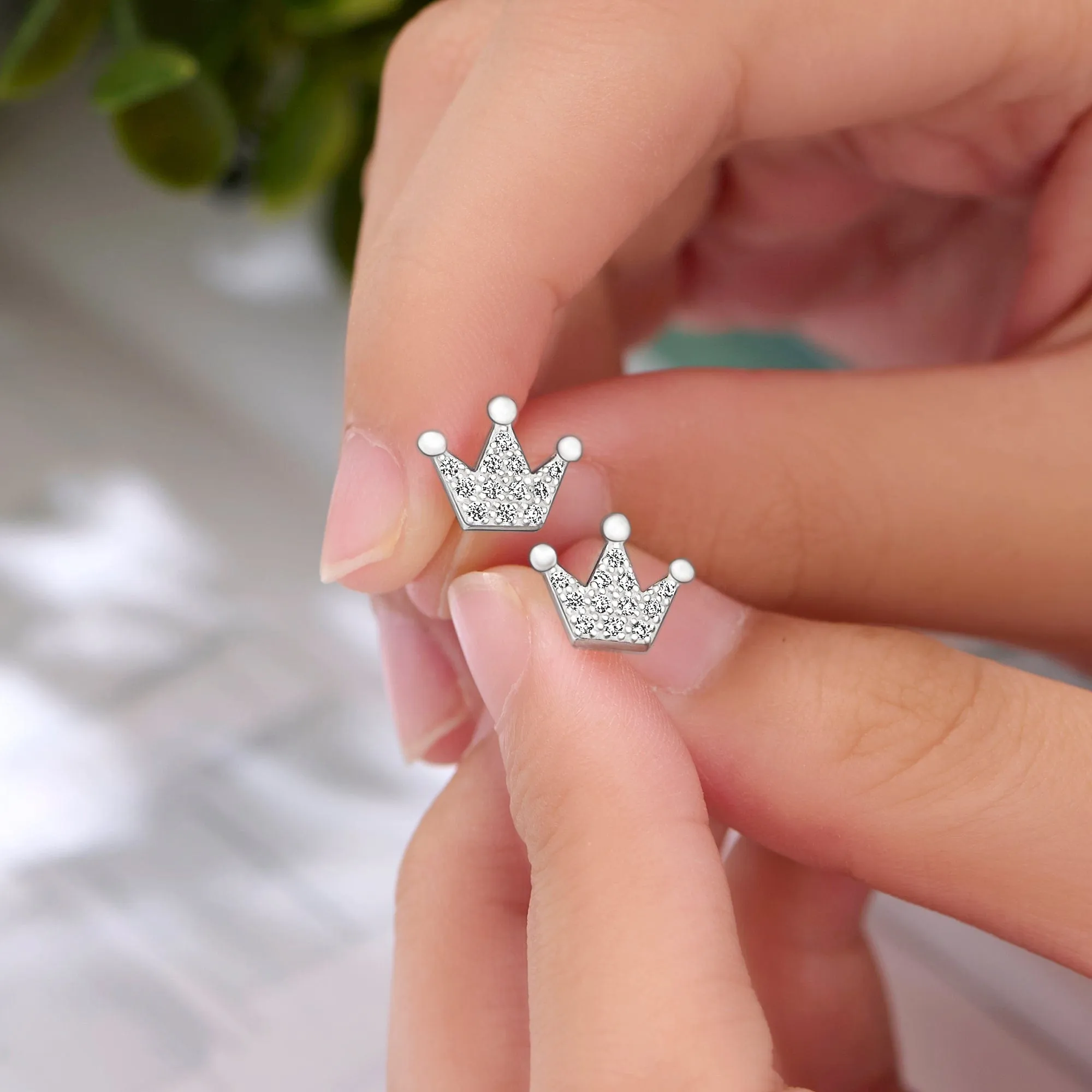 Cubic Zirconia Crown Earrings Studs Sterling Silver