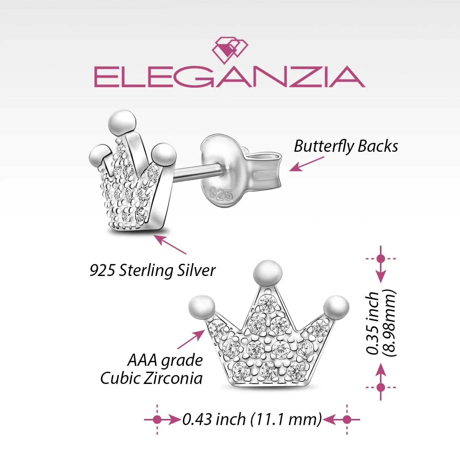 Cubic Zirconia Crown Earrings Studs Sterling Silver