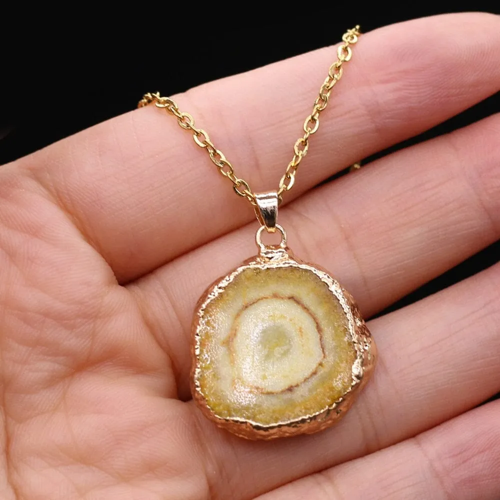Fashion Natural Slice Druzy Pendant Necklace Gold Color Chain