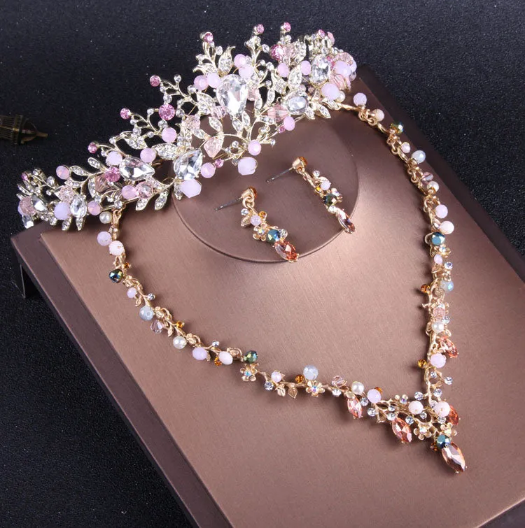 Gold-Plated Pink Crystal and Pearl Tiara, Necklace & Earrings Jewelry Set
