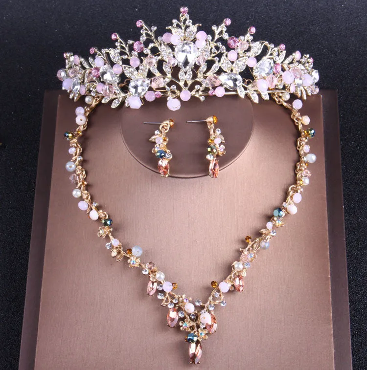 Gold-Plated Pink Crystal and Pearl Tiara, Necklace & Earrings Jewelry Set