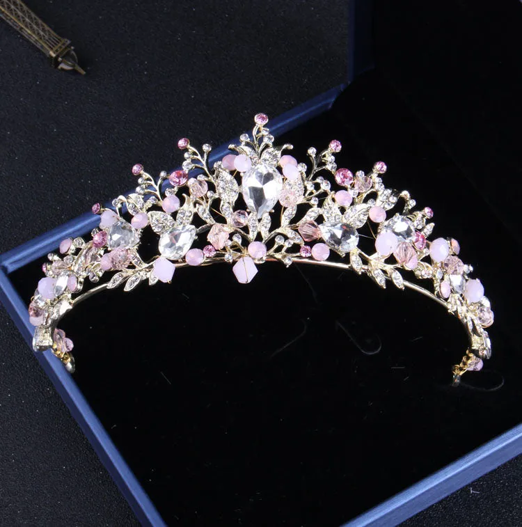 Gold-Plated Pink Crystal and Pearl Tiara, Necklace & Earrings Jewelry Set