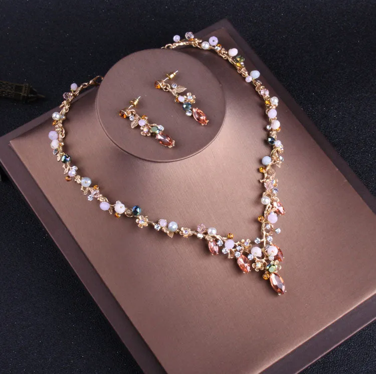 Gold-Plated Pink Crystal and Pearl Tiara, Necklace & Earrings Jewelry Set