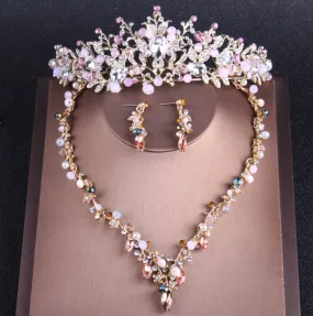 Gold-Plated Pink Crystal and Pearl Tiara, Necklace & Earrings Jewelry Set
