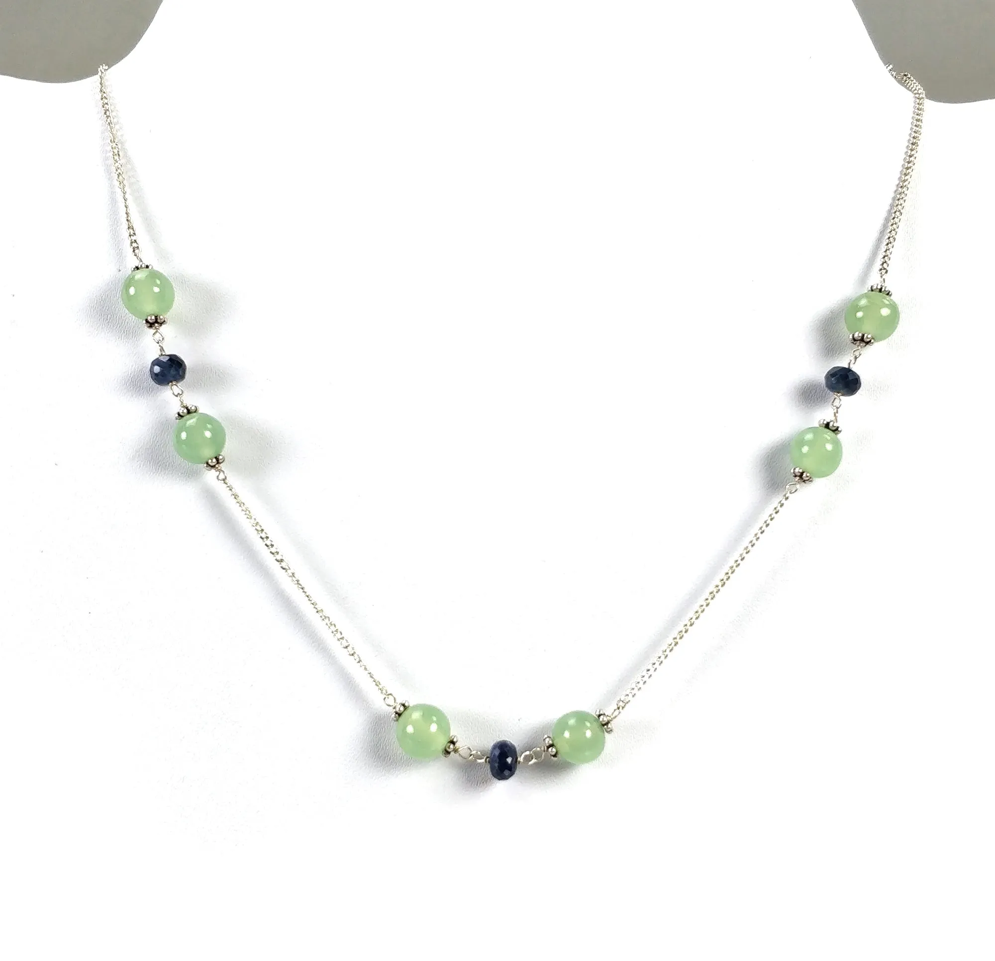 Green SERPENTINE & Blue SAPPHIRE Gemstones Beads Chain NECKLACE : 925 Sterling Silver Serpentine Round Cabochon Cut 16" Statement Necklace