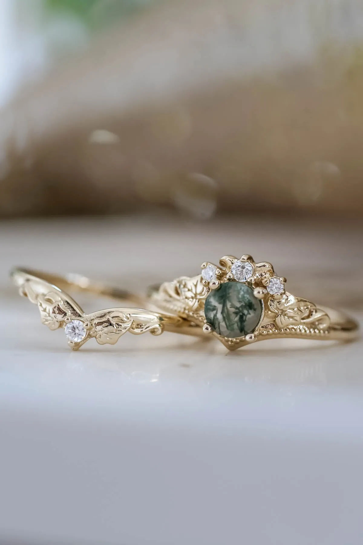 Moss agate engagement ring, alternative gold promise ring with diamonds / Ariadne