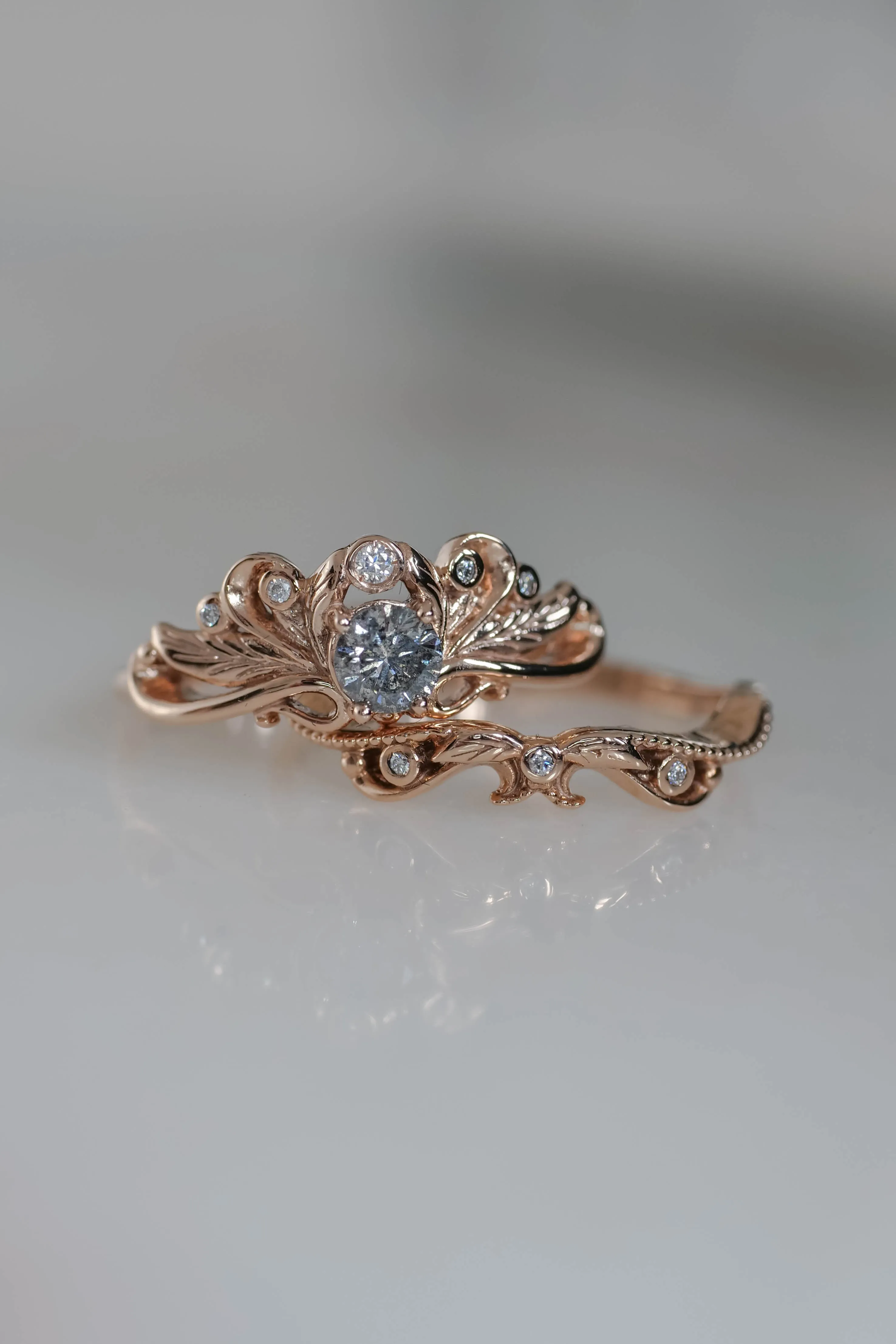 READY TO SHIP: Damariss set in 14K rose gold, salt and pepper diamond 4 mm, moissanites, RING SIZE - 7 US