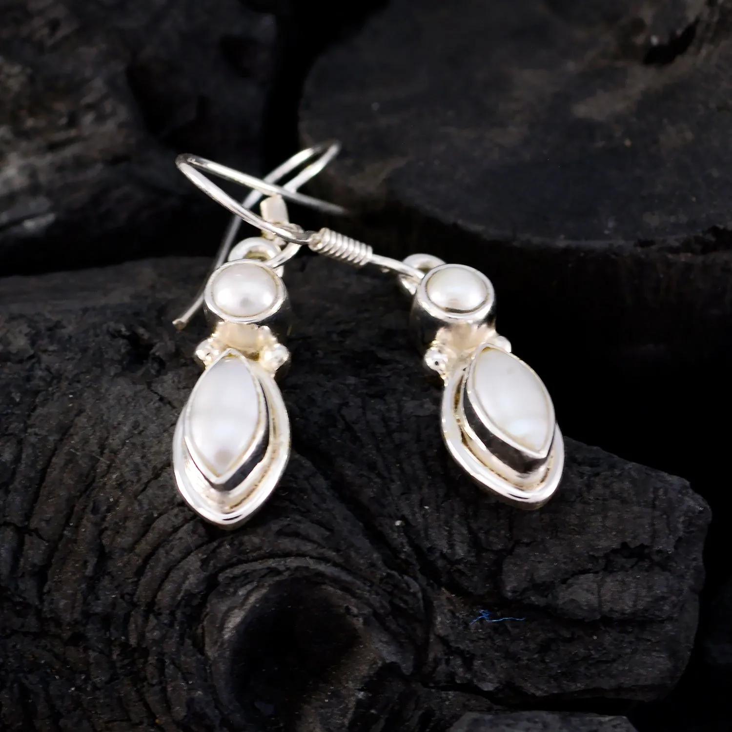 Riyo Genuine Gems multi shape Cabochon White Peral Silver Earrings gift for mother's day