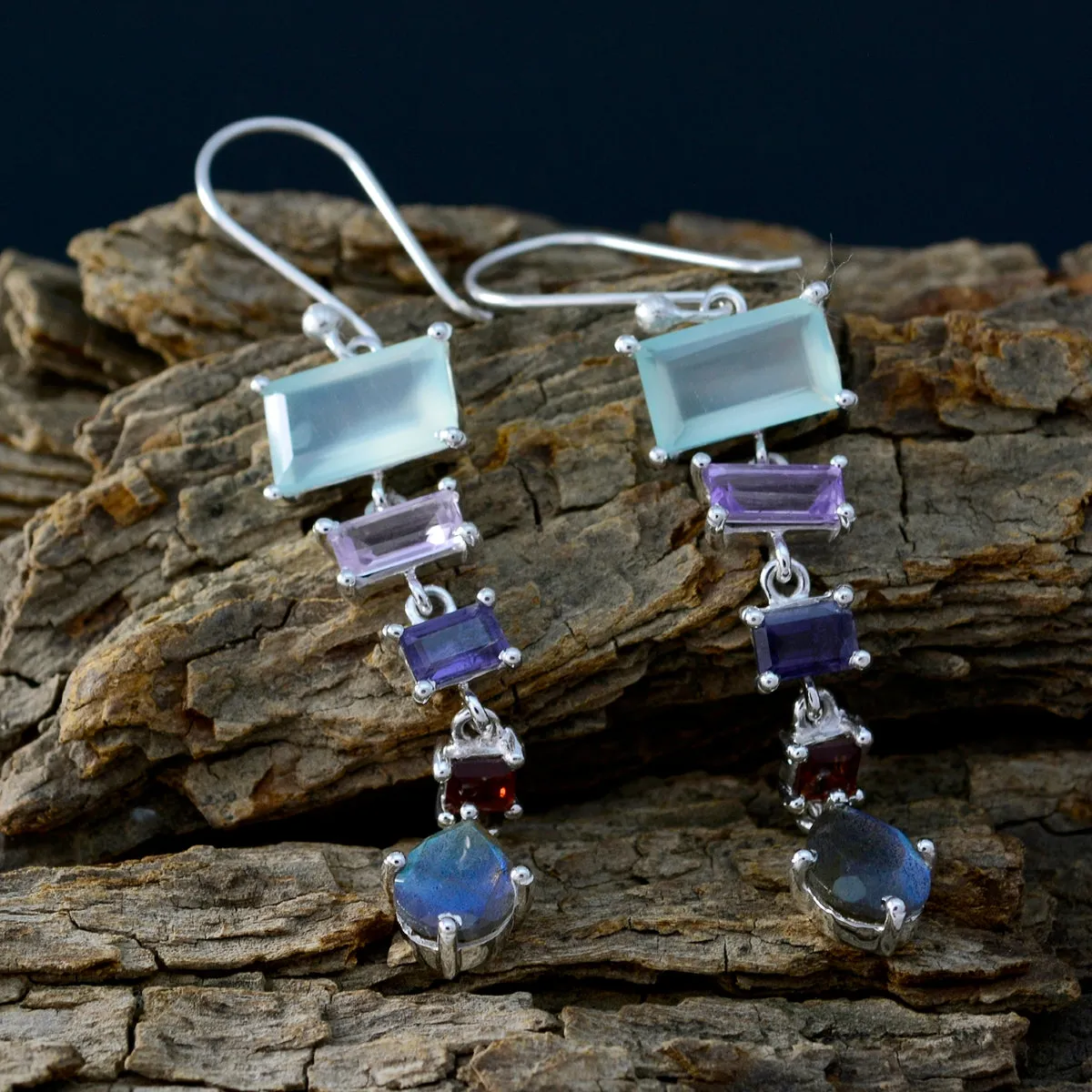 Riyo Genuine Gems multi shape Faceted Multi Multi Stone Silver Earrings gift for christmas day