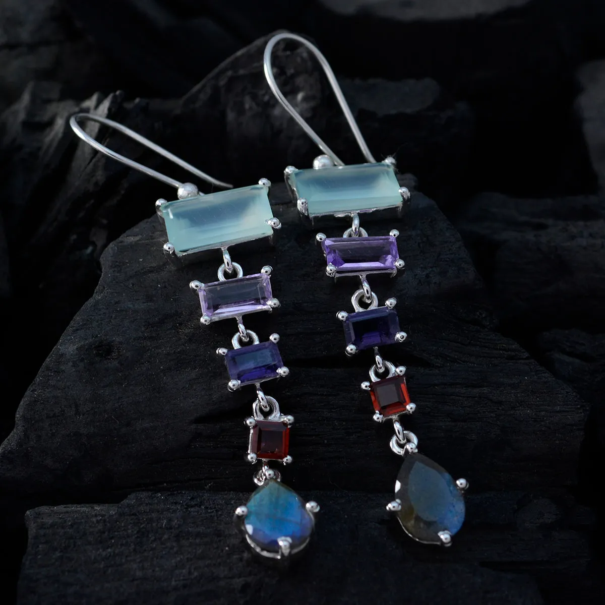 Riyo Genuine Gems multi shape Faceted Multi Multi Stone Silver Earrings gift for christmas day
