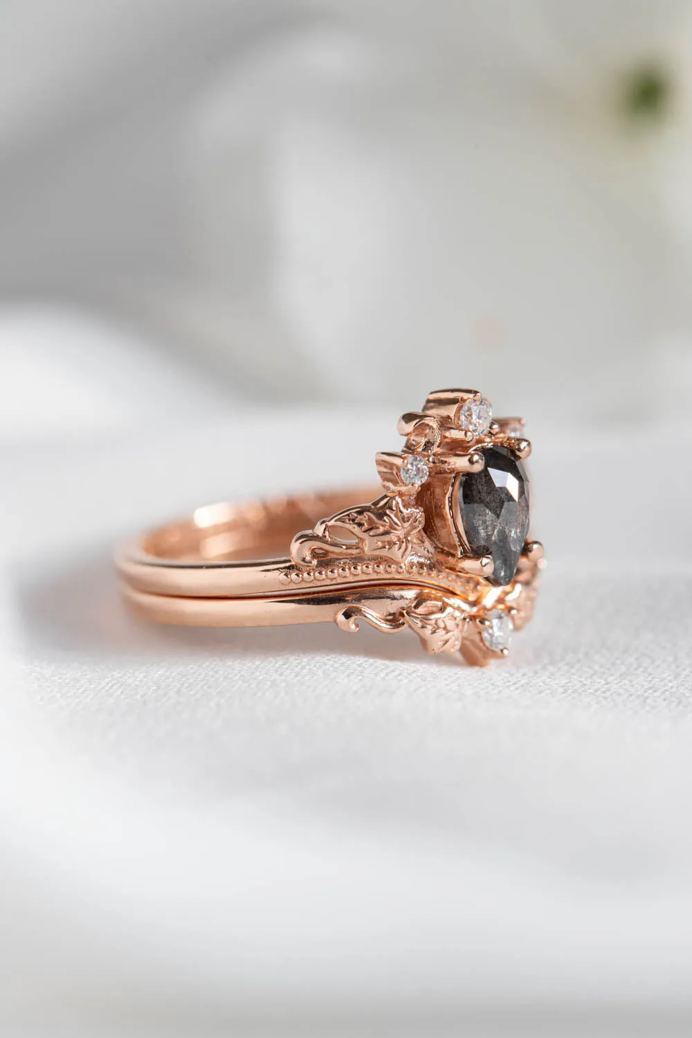 Rose cut salt and pepper diamond bridal ring set, nature inspired rose gold engagement and wedding rings / Ariadne