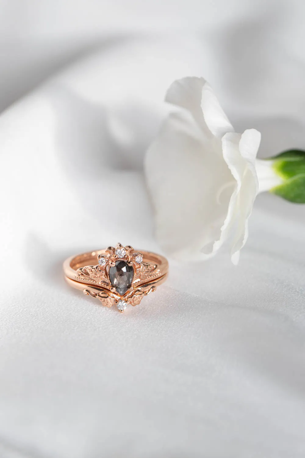 Rose cut salt and pepper diamond bridal ring set, nature inspired rose gold engagement and wedding rings / Ariadne